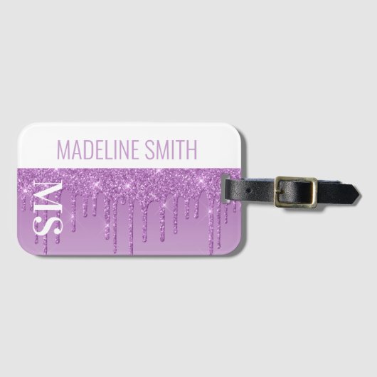 Monogramm des lila Glitzer Gepäckanhänger (Vorderseite (Horizontal))