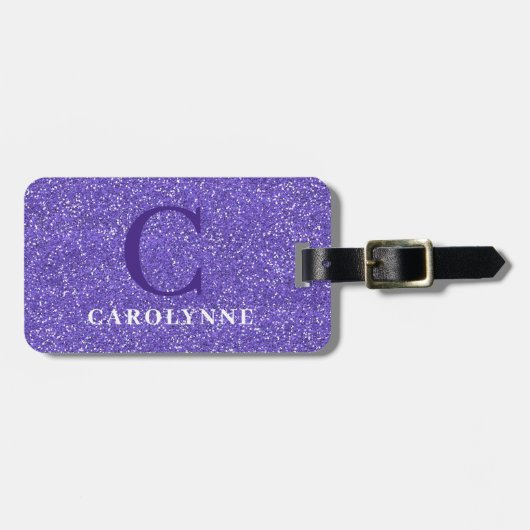 Monogramm des Lila personalisierten Glitzer Gepäckanhänger (Vorderseite horizontal)