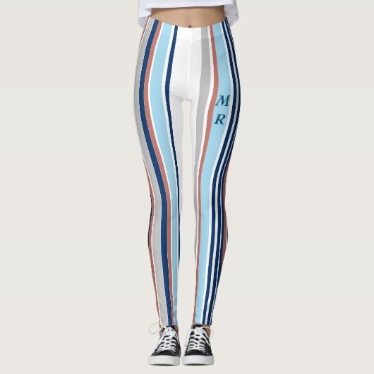 Monogramm des modernen blauen, grauen Streifen Leggings (Vorderseite)