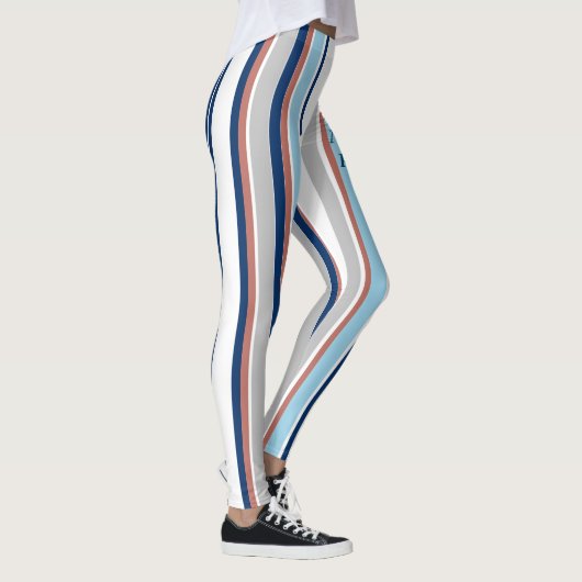 Monogramm des modernen blauen, grauen Streifen Leggings (Rechts)