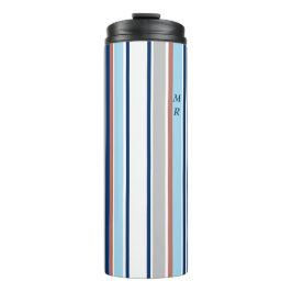 Monogramm des modernen blauen, grauen Streifen Thermosbecher