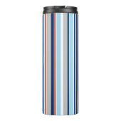 Monogramm des modernen blauen, grauen Streifen Thermosbecher (Rückseite)