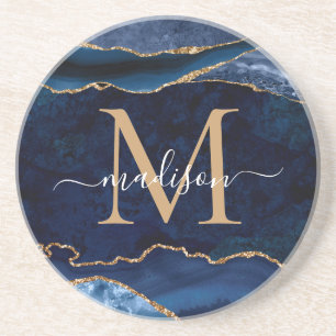 Monogramm des modernen Navy Blue-Gold-Agate-Geode- Getränkeuntersetzer