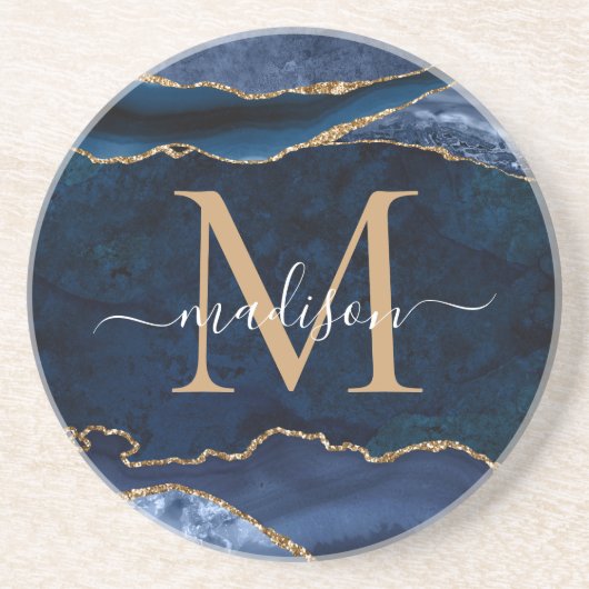 Monogramm des modernen Navy Blue-Gold-Agate-Geode- Getränkeuntersetzer (Vorne)