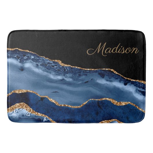 Monogramm des modernen Navy Blue-Gold-Marmor-Glitz Badematte (Vorderseite)