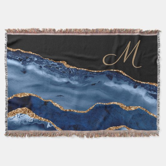Monogramm des modernen Navy Blue-Gold-Marmor-Glitz Decke (Vorderseite)