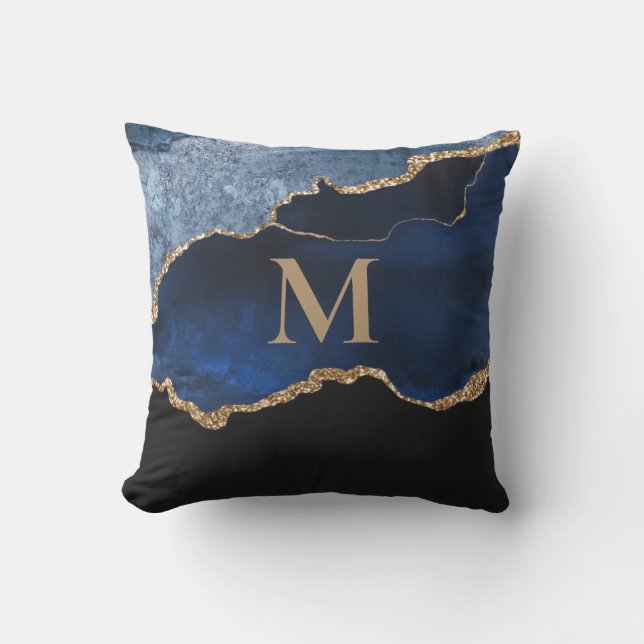 Monogramm des modernen Navy Blue-Gold-Marmor-Glitz Kissen (Vorderseite)
