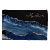 Monogramm des modernen Navy Blue-Gold-Marmor-Glitz Kissenbezug (Rückseite)