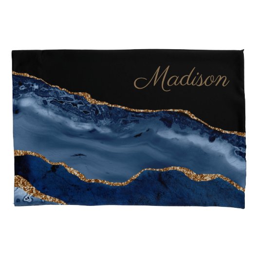 Monogramm des modernen Navy Blue-Gold-Marmor-Glitz Kissenbezug (Vorderseite)