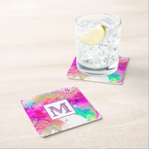 Monogramm des modernen Paint Splash Glitzer Rechteckiger Pappuntersetzer