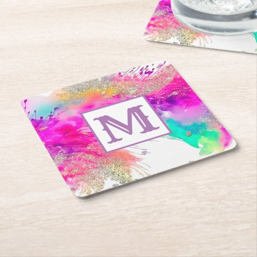Monogramm des modernen Paint Splash Glitzer Rechteckiger Pappuntersetzer (angewinkelt)