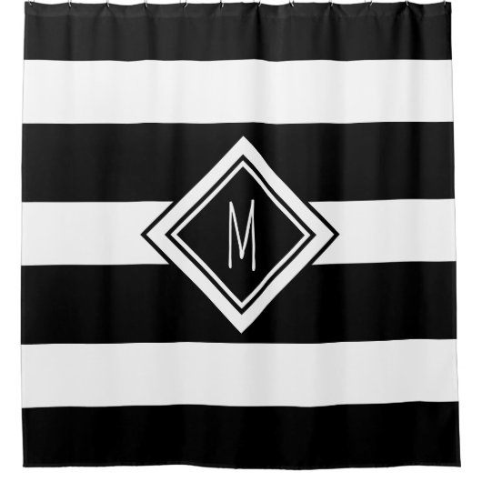 Monogramm des modernen Schwarz-Weiß-Streifens Duschvorhang (Vorderseite)
