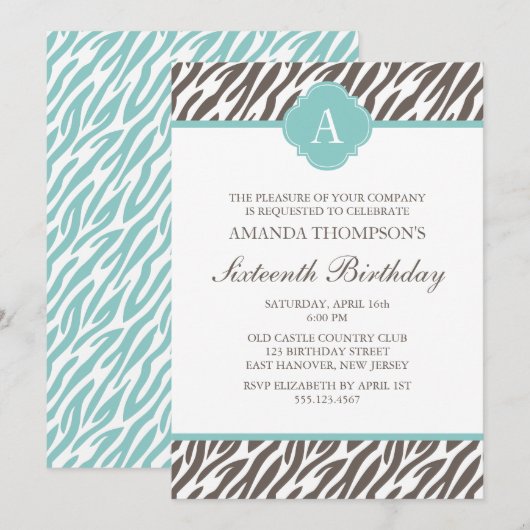 Monogramm des Musters "Braun-Zebra" Einladung (Vorne/Hinten)