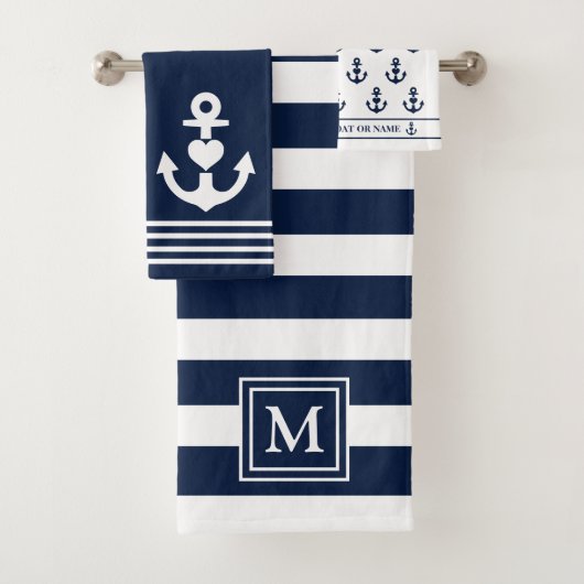 Monogramm des Nautic Heart Anchor Navy White Strip Badhandtuch Set (Insitu)