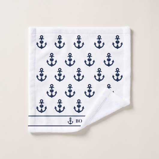 Monogramm des Nautic Heart Anchor Navy White Strip Badhandtuch Set (Waschlappen)