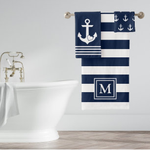 Monogramm des Nautic Heart Anchor Navy White Strip Badhandtuch Set