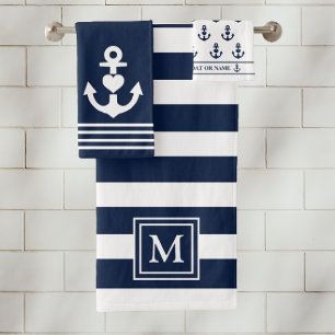 Monogramm des Nautic Heart Anchor Navy White Strip Badhandtuch Set
