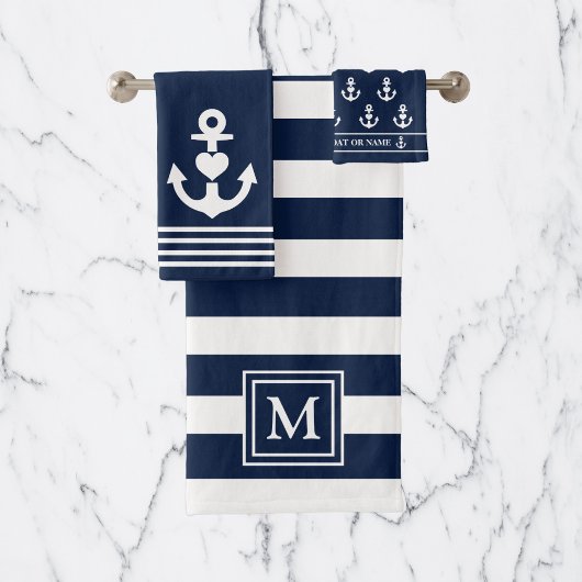 Monogramm des Nautic Heart Anchor Navy White Strip Badhandtuch Set