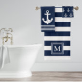 Monogramm des Nautic Heart Anchor Navy White Strip Badhandtuch Set