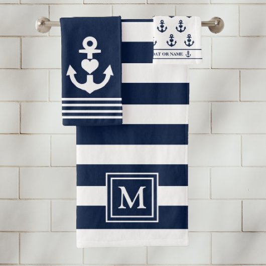 Monogramm des Nautic Heart Anchor Navy White Strip Badhandtuch Set