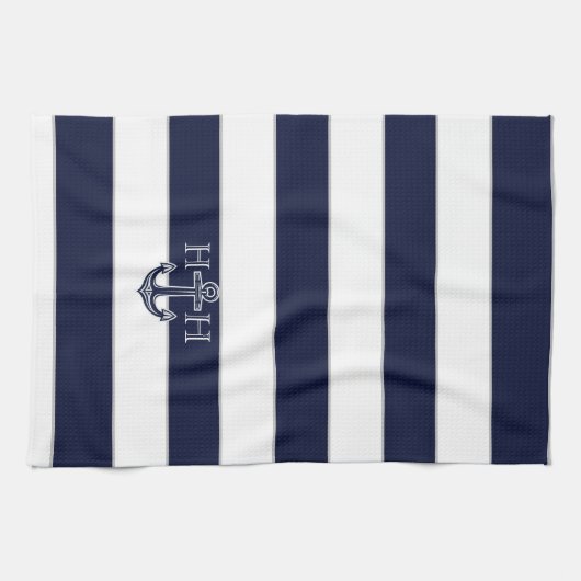Monogramm des Nautic Navy Blue Anchor Coastor Geschirrtuch (Horizontal)
