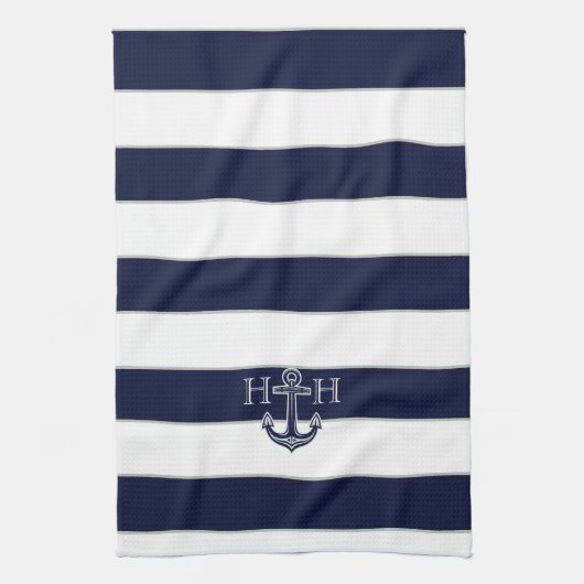 Monogramm des Nautic Navy Blue Anchor Coastor Geschirrtuch (Vertikal)