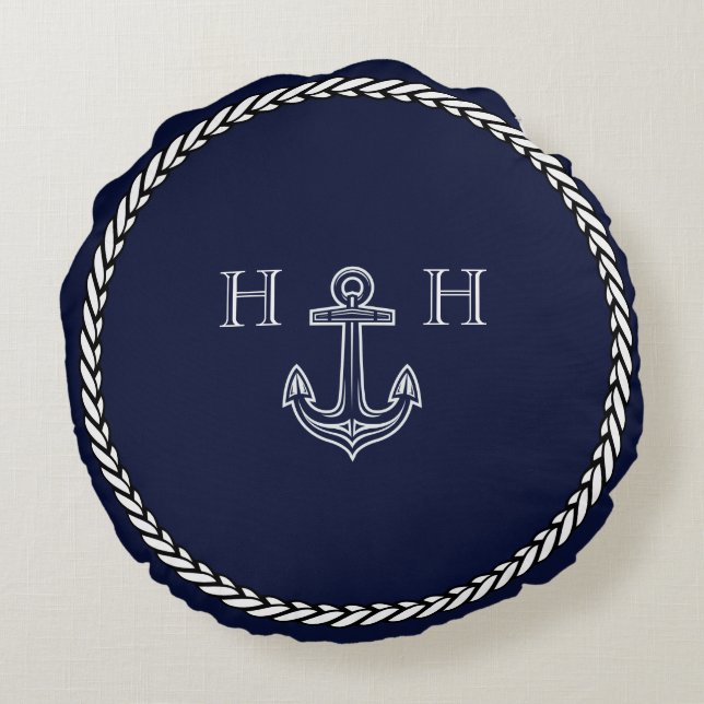 Monogramm des Nautic Navy Blue Anchor Coastor Rundes Kissen (Rückseite)
