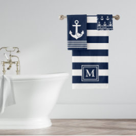 Monogramm des Nautic Navy White Stripes Herzklopfe Badhandtuch Set