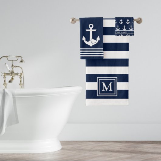 Monogramm des Nautic Navy White Stripes Herzklopfe Badhandtuch Set
