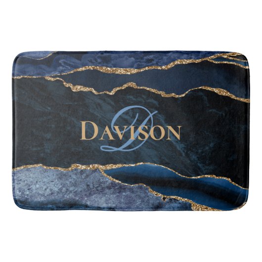 Monogramm des Navy Blue Agate Gold Glitzer Badematte (Vorderseite)