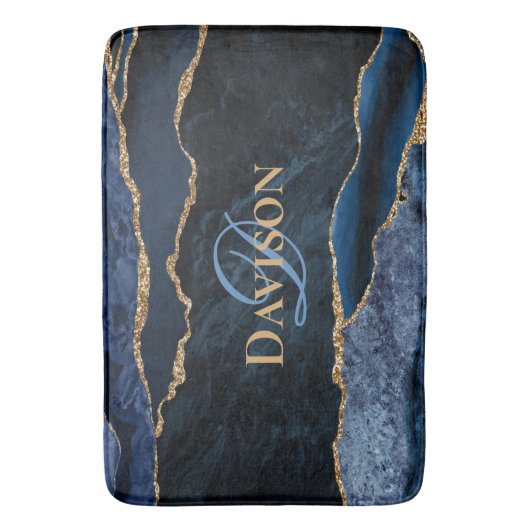 Monogramm des Navy Blue Agate Gold Glitzer Badematte (Vorderseite Vertikal)