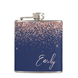 Monogramm des Navy Blue Blink Rose Rose Glitzer Flachmann