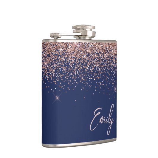 Monogramm des Navy Blue Blink Rose Rose Glitzer Flachmann (Rechts)