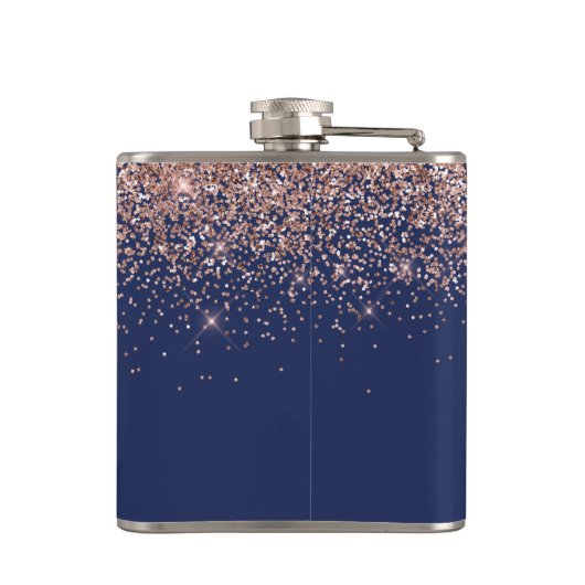 Monogramm des Navy Blue Blink Rose Rose Glitzer Flachmann (Rückseite)