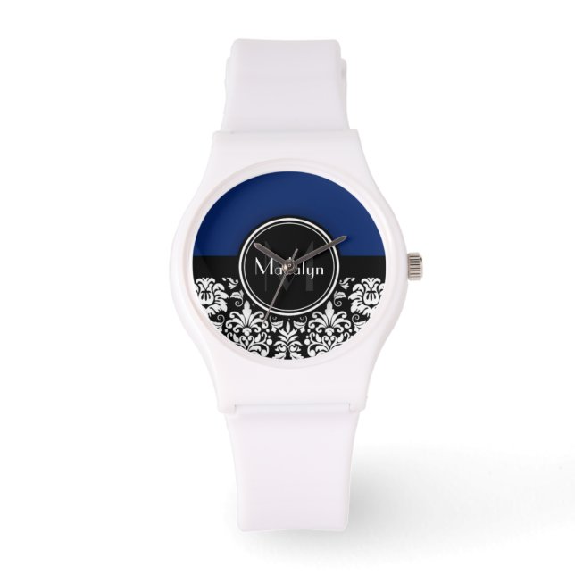 Monogramm des Navy Schwarz-weiß Damask Armbanduhr (Vorderseite)
