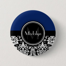 Monogramm des Navy Schwarz-weiß Damask Button