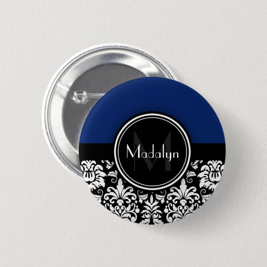Monogramm des Navy Schwarz-weiß Damask Button (Vorne & Hinten)