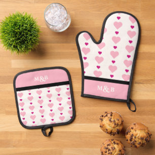 Monogramm des niedlichen rosa und weißen Herzmuste Ofenhandschuh & Topflappen-Set