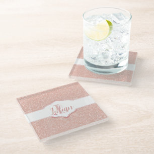 Monogramm des rosa Glitzer Glasuntersetzer