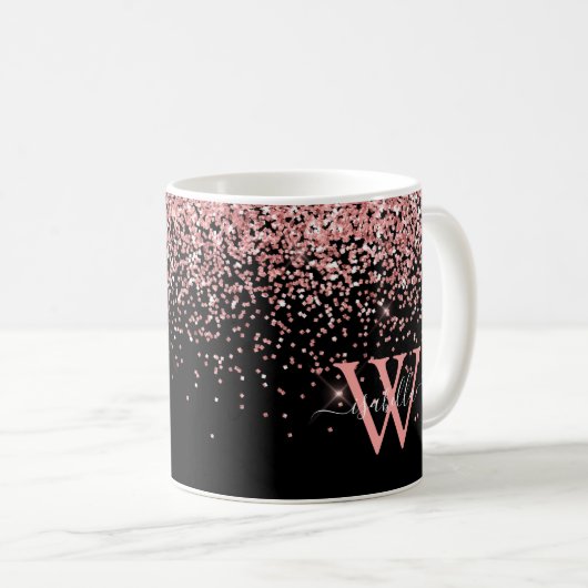 Monogramm des rosa Schwarzen Glitzer Kaffeetasse (VorderseiteRechts)