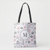Monogramm des rosa skandinavischen Blumenmusters Tasche (Vorderseite)