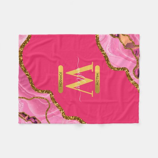 Monogramm des rosa und goldfarbenen Agate-Geode-Gl Fleecedecke (Vorderseite (Horizontal))