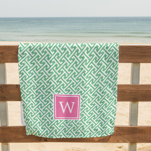 Monogramm des rosa und grünen geometrischen Muster Strandtuch