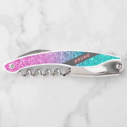 Monogramm des rosa und türkisfarbenen Glitzer Kellnermesser (Rückseite)