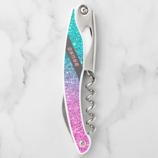 Monogramm des rosa und türkisfarbenen Glitzer Kellnermesser (Rückseite)