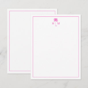 Monogramm des rosa und weißen Palm Palmetto Tree Mitteilungskarte