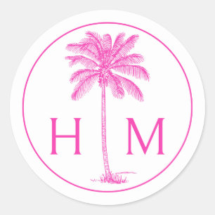 Monogramm des rosa und weißen Palm Palmetto Tree Runder Aufkleber