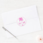 Monogramm des rosa und weißen Palm Palmetto Tree Runder Aufkleber (Umschlag)