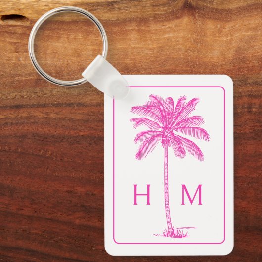 Monogramm des rosa und weißen Palm Palmetto Tree Schlüsselanhänger (Vorderseite)