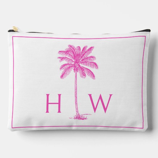 Monogramm des rosa und weißen Palm Palmetto Tree Zubehörtasche (Vorderseite)
